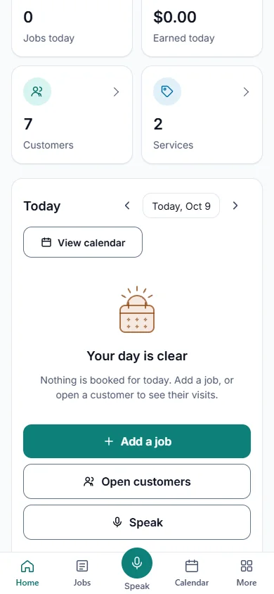 A tela inicial do app no celular: serviços de hoje, ganho de hoje, clientes, serviços e a agenda de hoje.